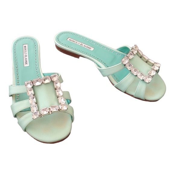 MANOLO BLAHNIK Green Iluna Flat Sandals Silk Crepe De Chine & Crystal Buckle - Picture 1 of 11